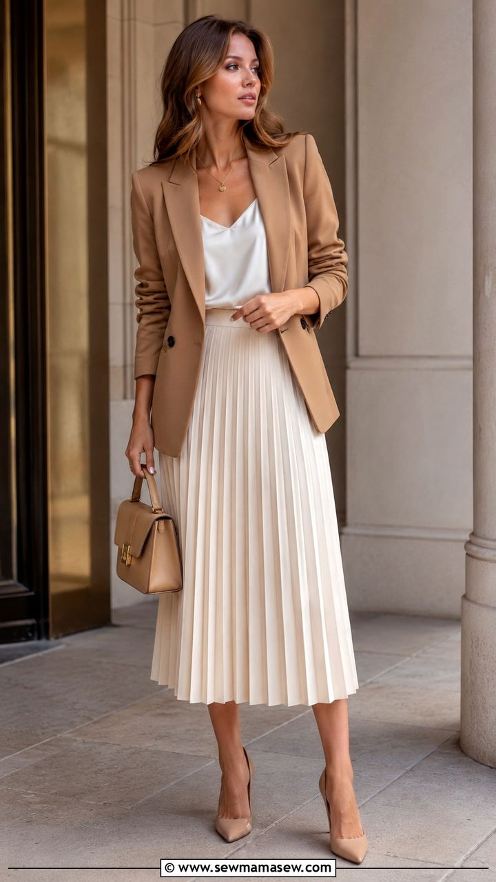 Cream Pleated Skirt With Camel Blazer - 30 Pleated skirt outfit ideas for work