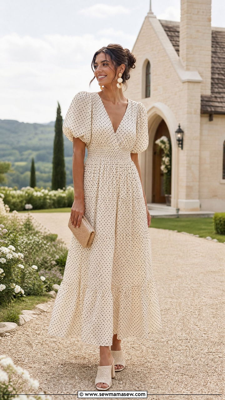 Cream Polka Dot Tiered Maxi Dress with Drop Earrings - 30 casual spring wedding guest outfits