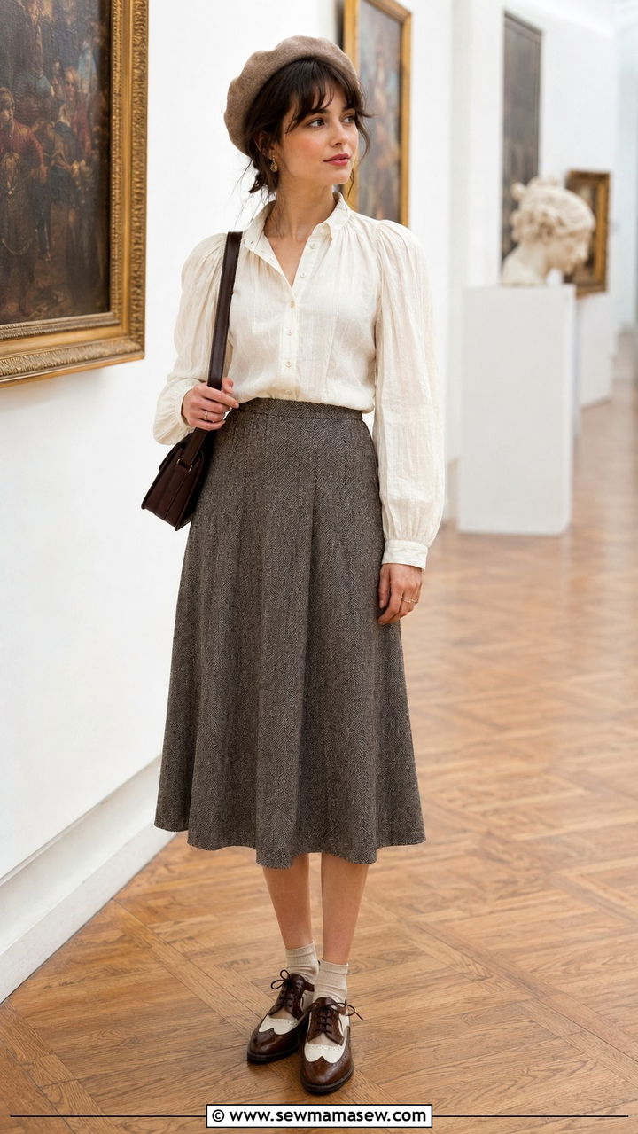 Cream Puff Sleeve Blouse With Herringbone Midi Skirt Outfit Light Academia - 30 casual light academia outfits