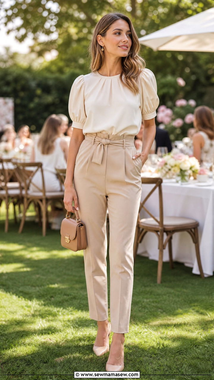 Cream Puff Sleeve Blouse with Beige Paperbag Trousers - 30 Spring outfits in neutral