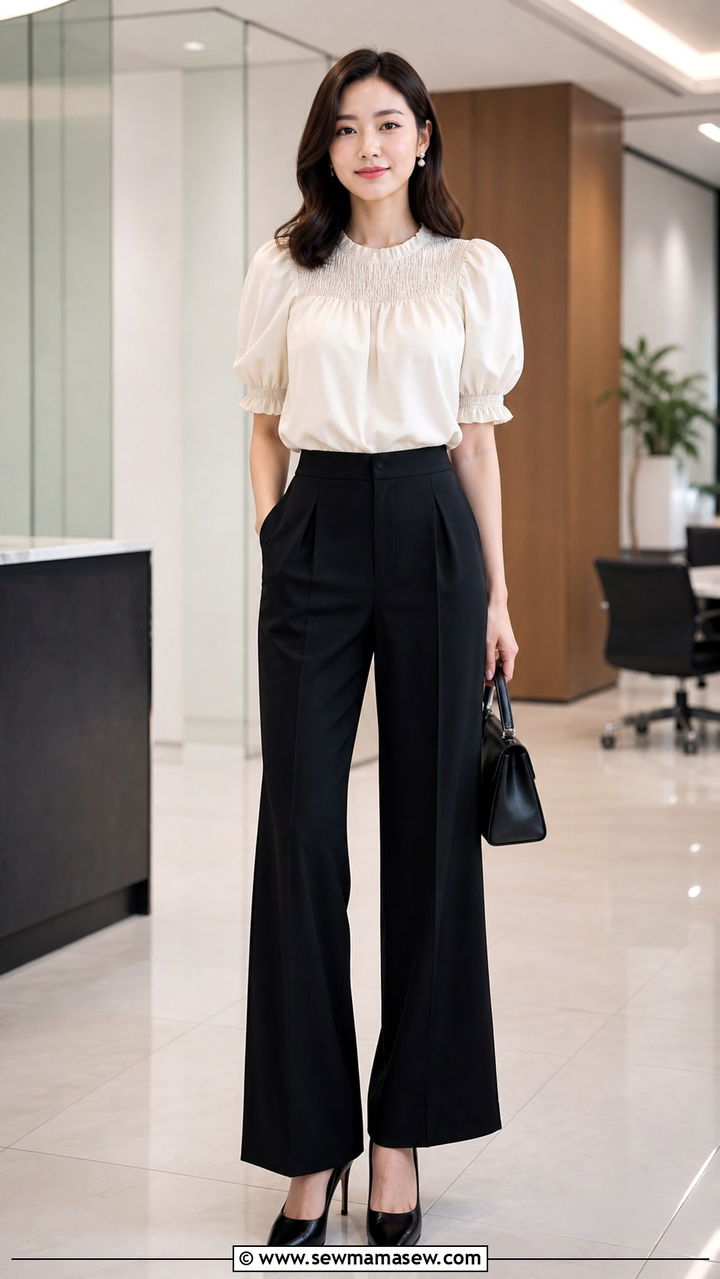 Cream Puff Sleeve Blouse with Black Wide Leg Trousers - 40 Cream outfit ideas