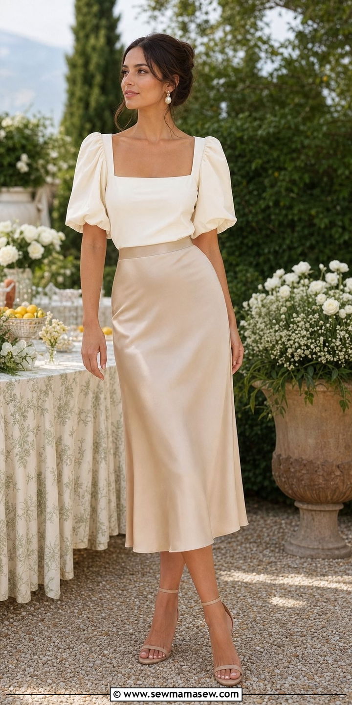 Cream Puff Sleeve Top and Beige Midi Skirt Outfit - 25 Summer outfits in neutral