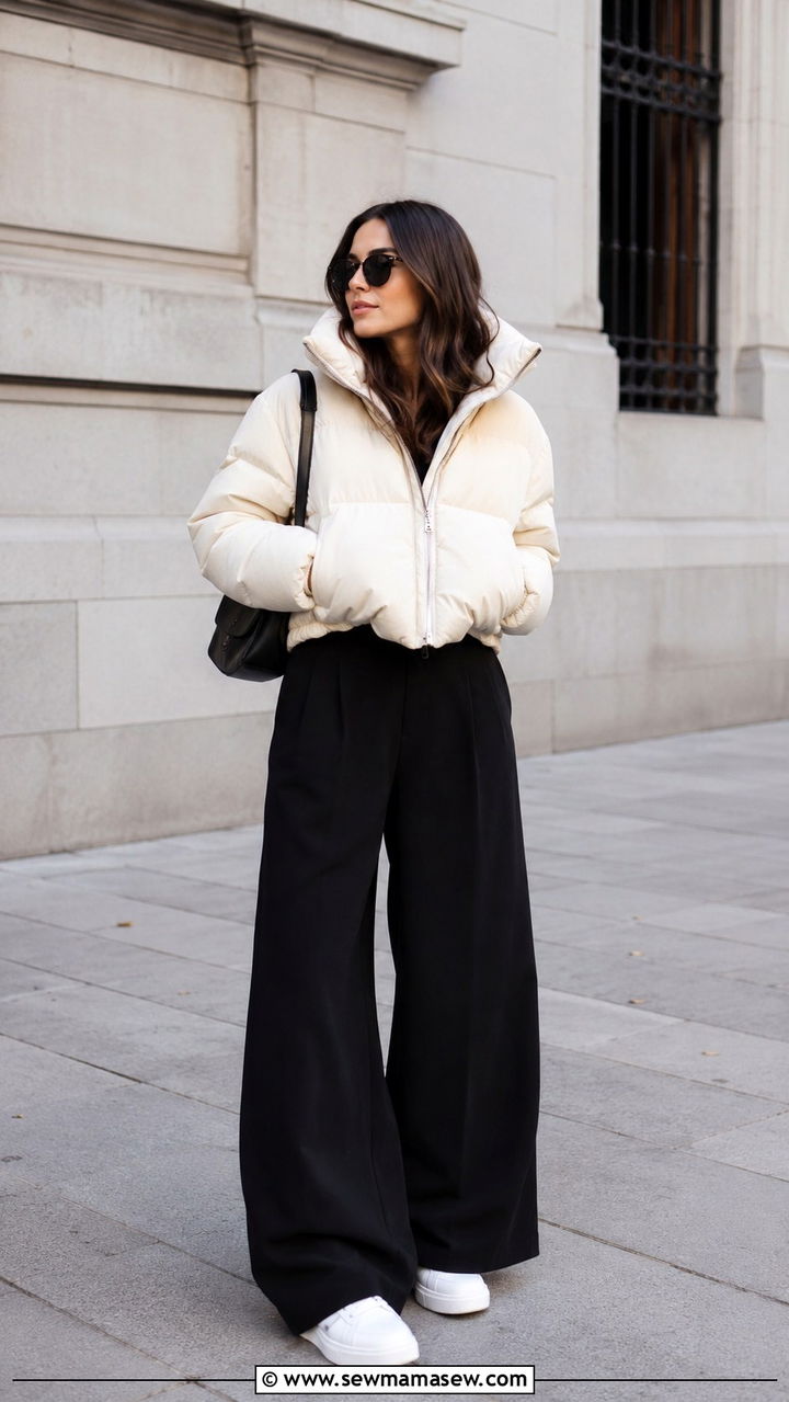 Cream Puffer With Black Wide Leg Pants And Sneakers - 25 Puffer jacket outfit ideas cute