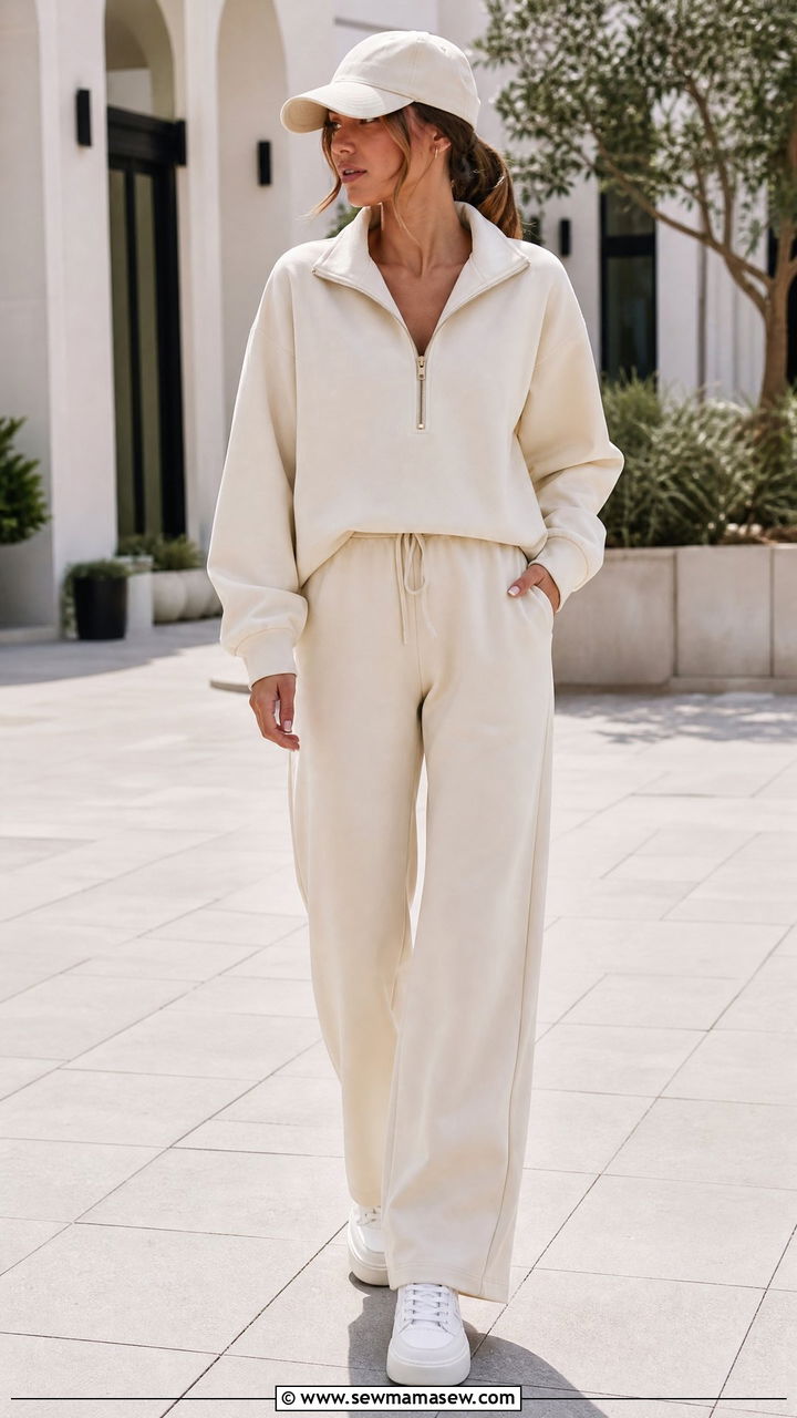 Cream Quarter Zip Set With Matching Wide Leg Trousers - 30 spring athleisure outfits