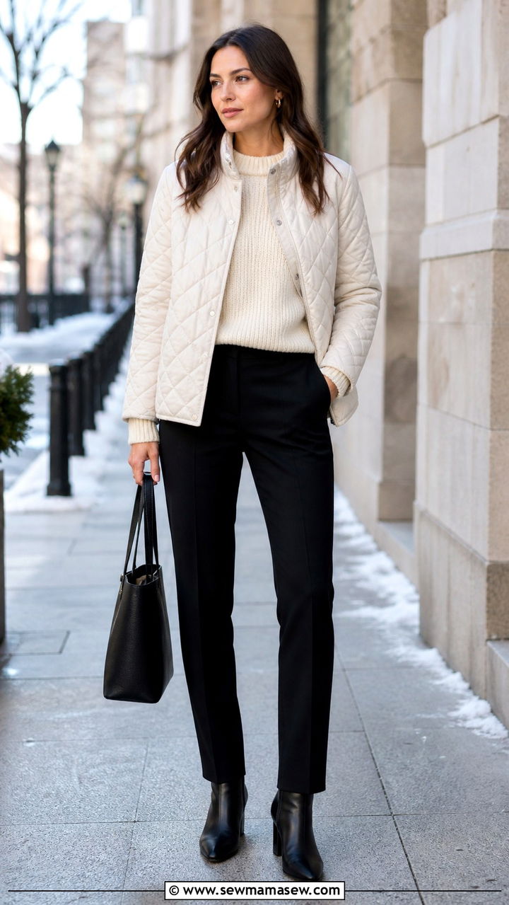 Cream Quilted Jacket with Black Trousers - 40 Clean girl outfit ideas