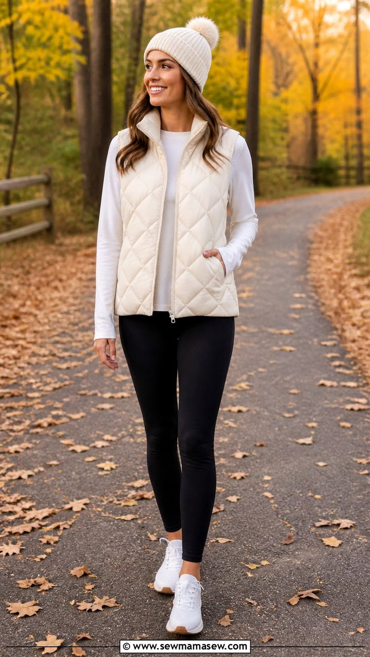 Cream Quilted Vest with a Long Sleeve Tee and Leggings - 40 Cream outfit ideas