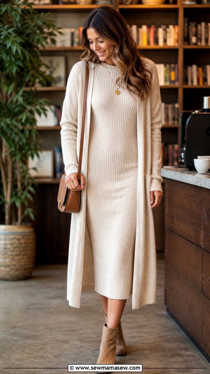 Cream Ribbed Knit Dress with a Long Cardigan - 40 Cream outfit ideas
