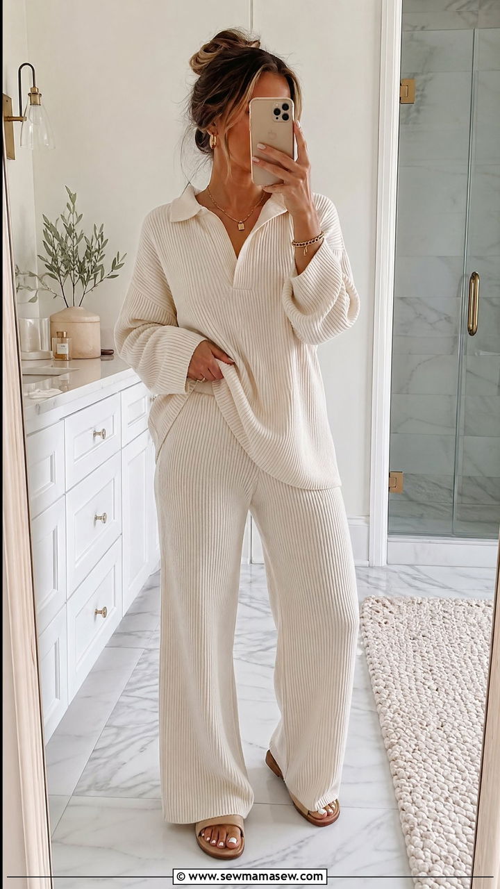 Cream Ribbed Knit Lounge Co Ord Set - 35 Elegant loungewear outfit ideas