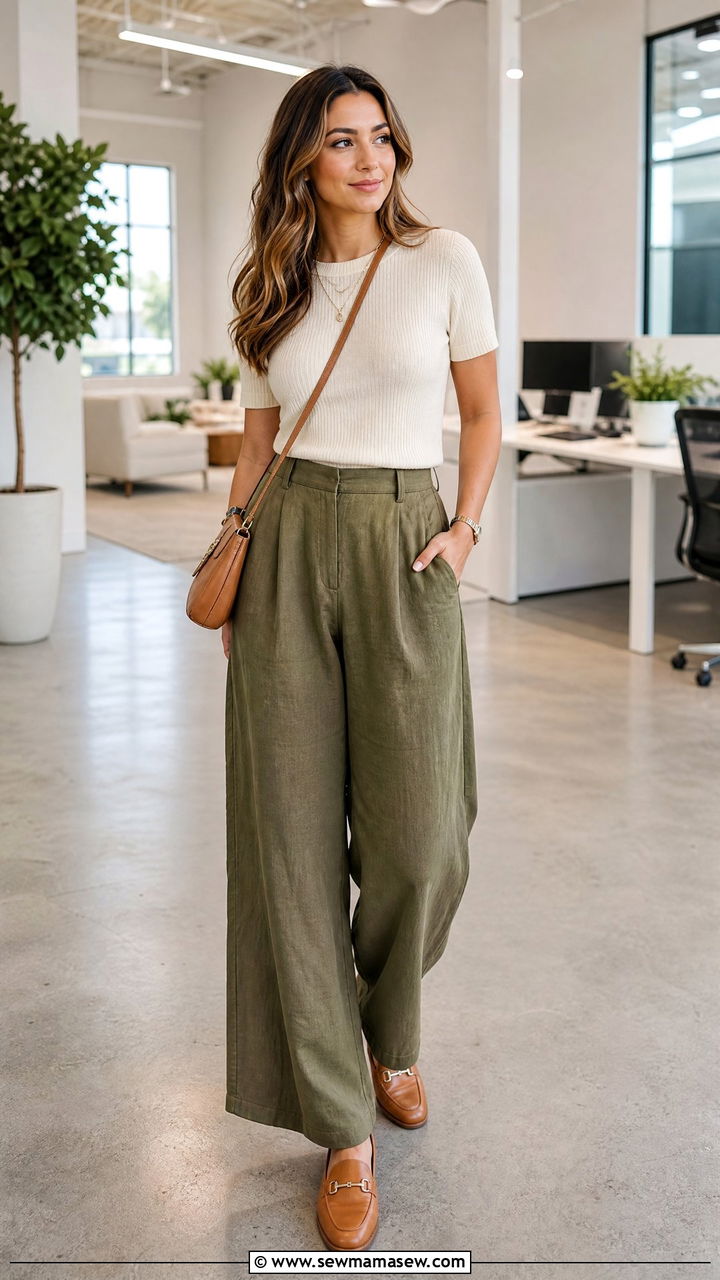 Cream Ribbed Knit Top With Olive Wide Leg Trousers And Leather Loafers - 30 summer outfits for office women