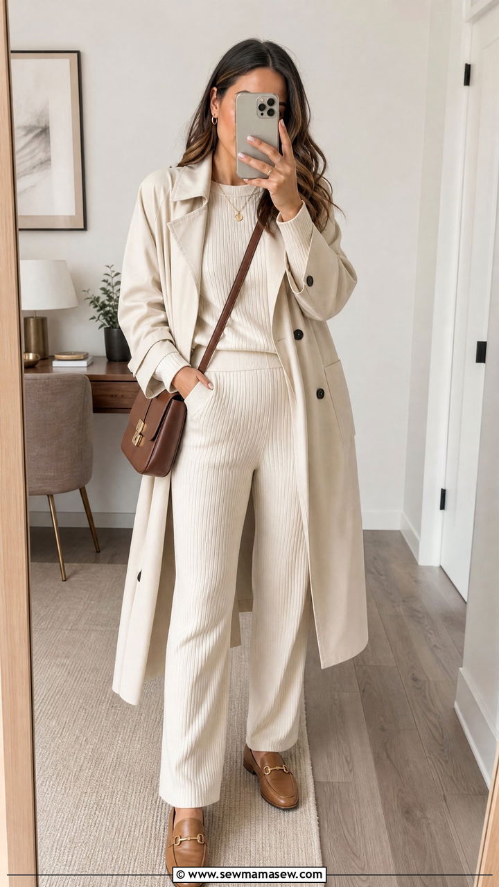 Cream Ribbed Knit Top and Matching Trousers Set - 30 Matching set outfit ideas for work
