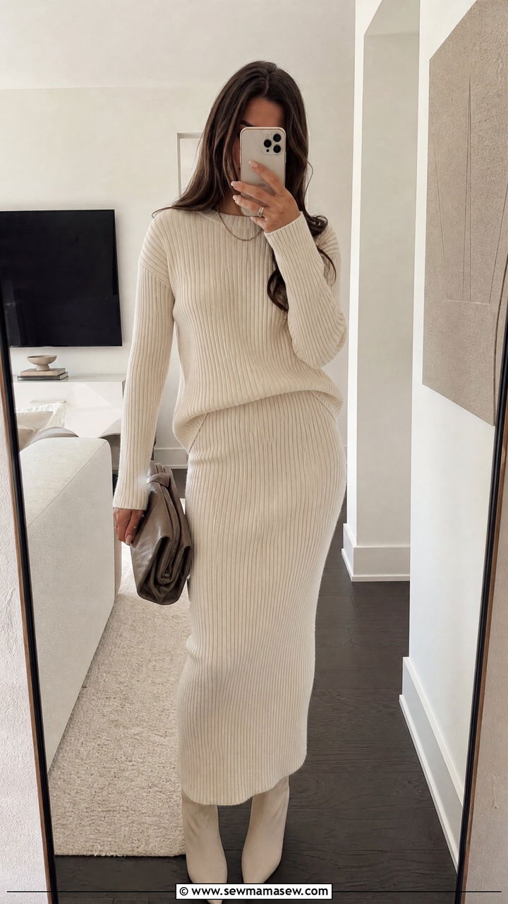 Cream Ribbed Knit Top and Midi Skirt Matching Set - 25 Matching set outfit ideas neutral