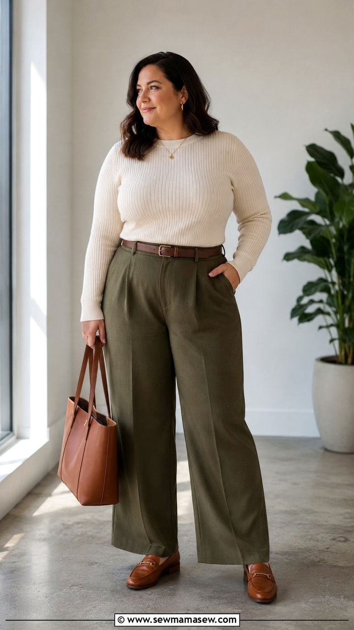 Cream Ribbed Knit With Olive Wide Leg Pants - 25 Plus size work outfit ideas 2026