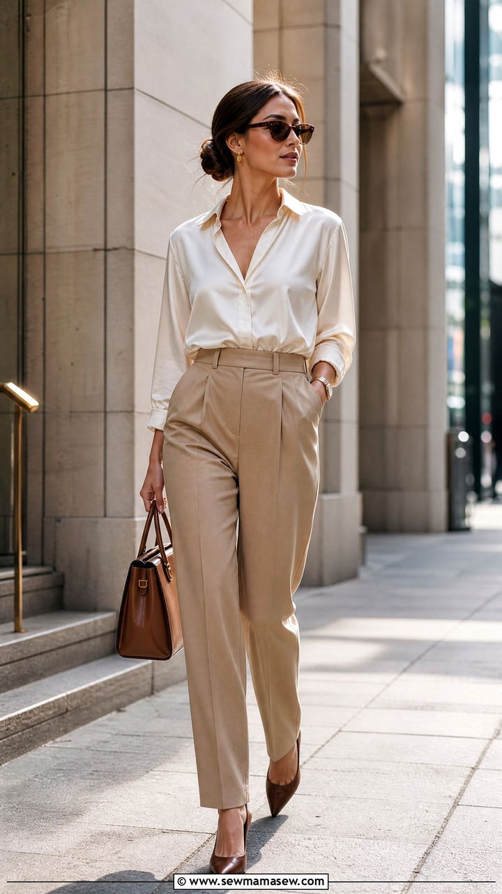 Cream Satin Blouse with High Waisted Tan Trousers Outfit - 30 Old money outfit ideas for work