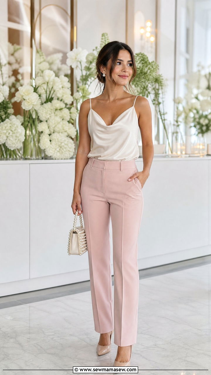 Cream Satin Cami and Blush Pink Tailored Trousers - 30 Clean girl outfit ideas petite