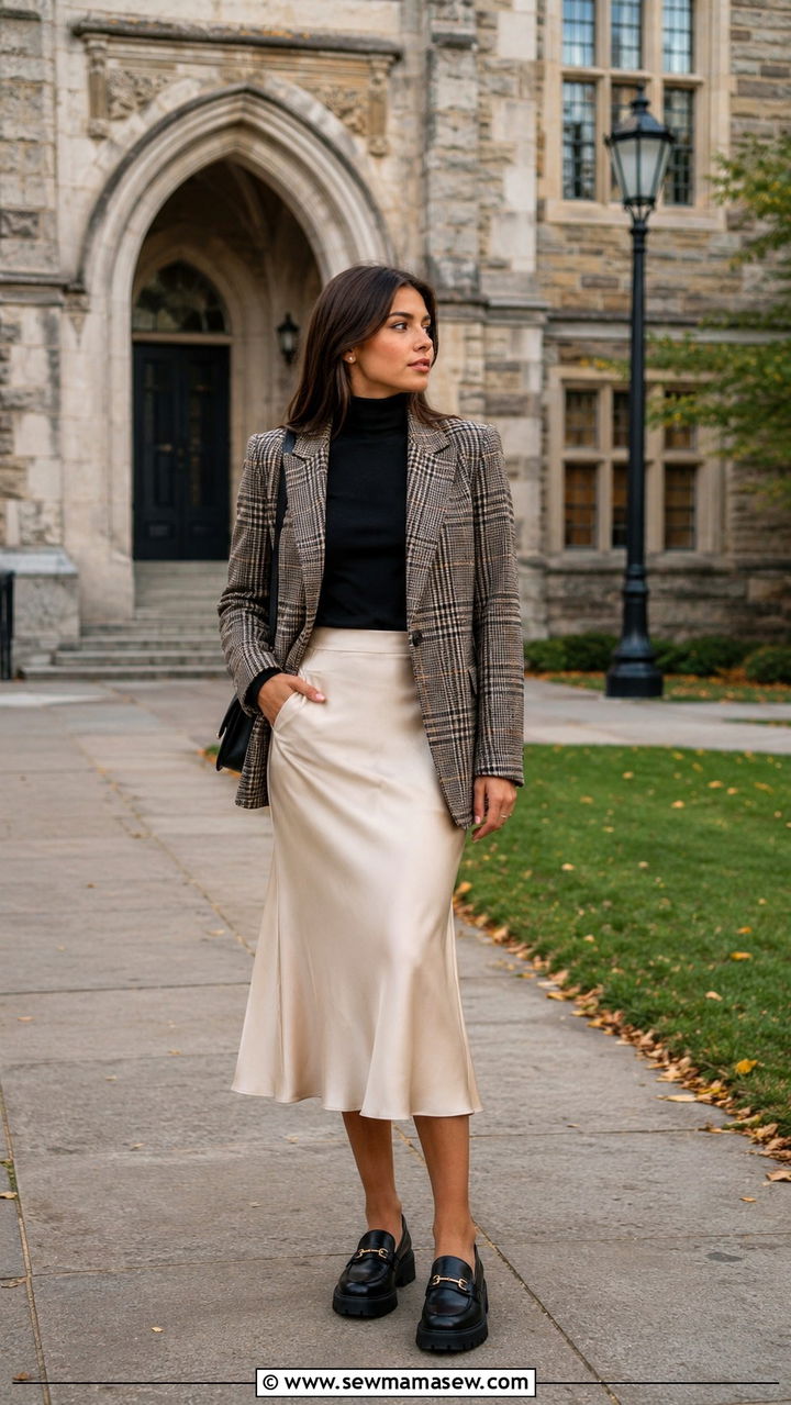 Cream Satin Skirt With Plaid Blazer and Loafers - 30 casual satin skirt outfits