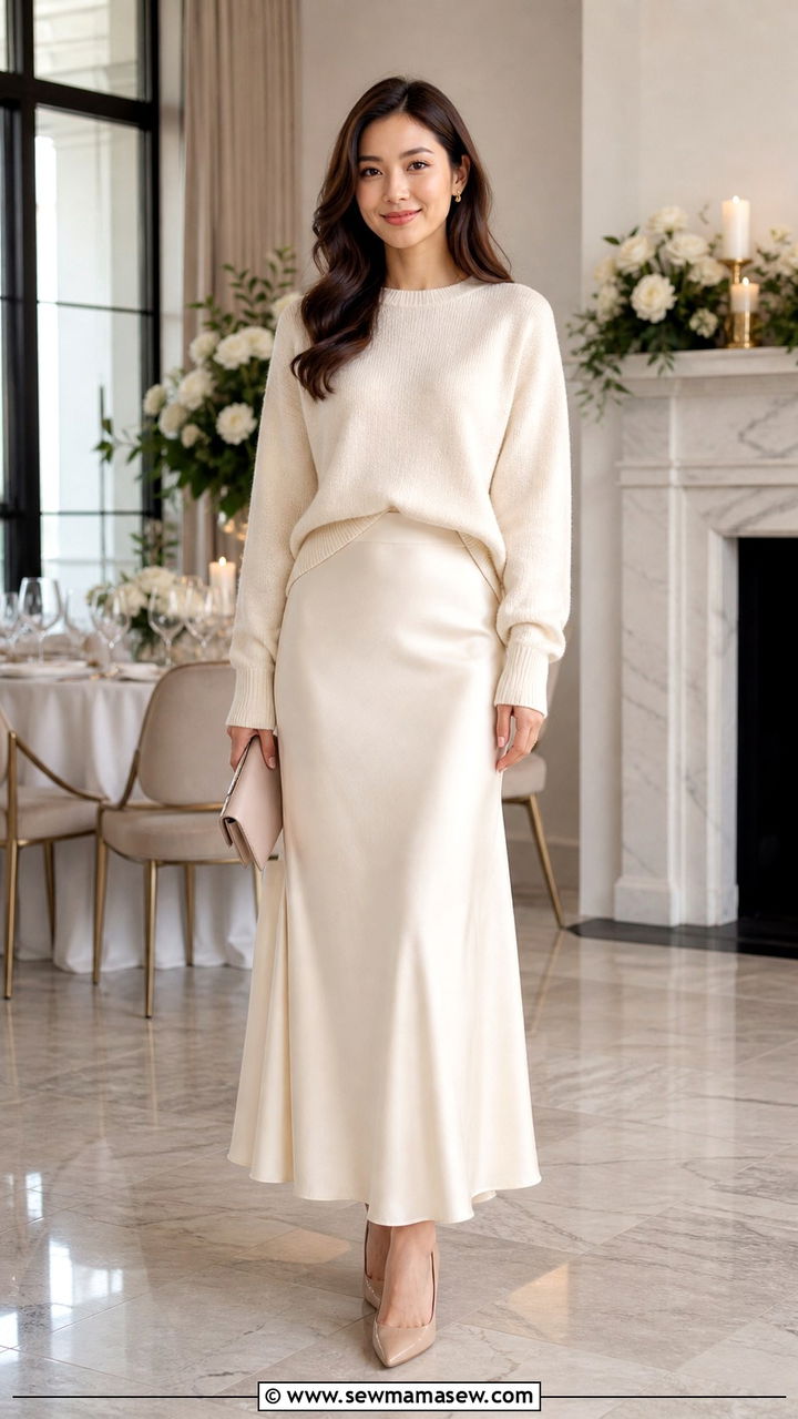 Cream Satin Skirt with Cashmere Sweater - 40 Neutral outfit ideas