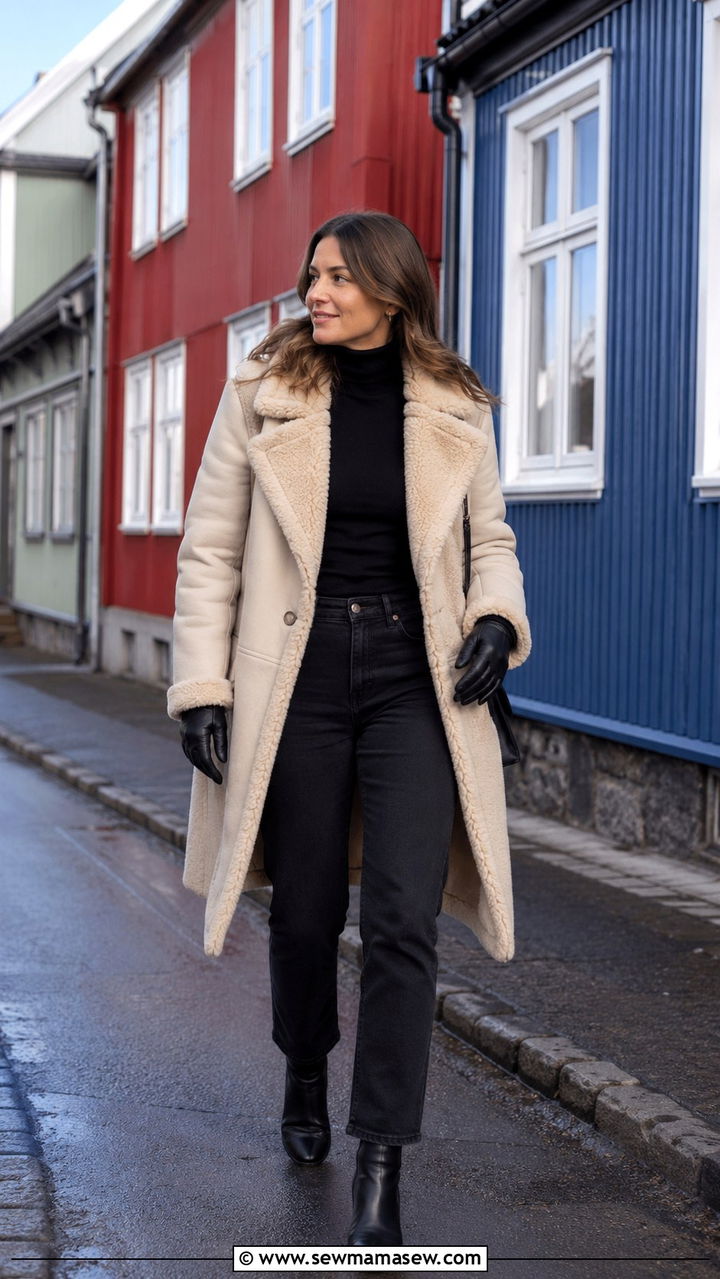 Cream Shearling Coat with Black Turtleneck and Jeans - 30 Iceland outfit ideas