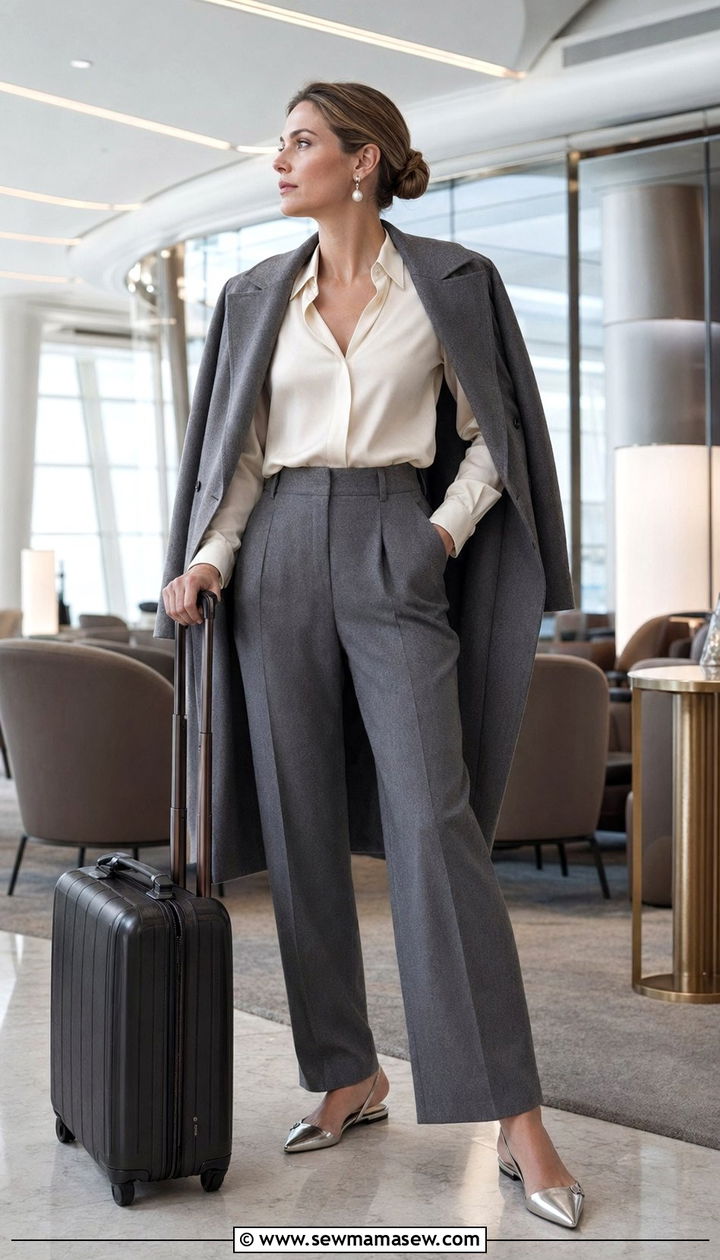 Cream Silk Blouse And Grey Wool Trousers - 35 Airport outfit ideas old money