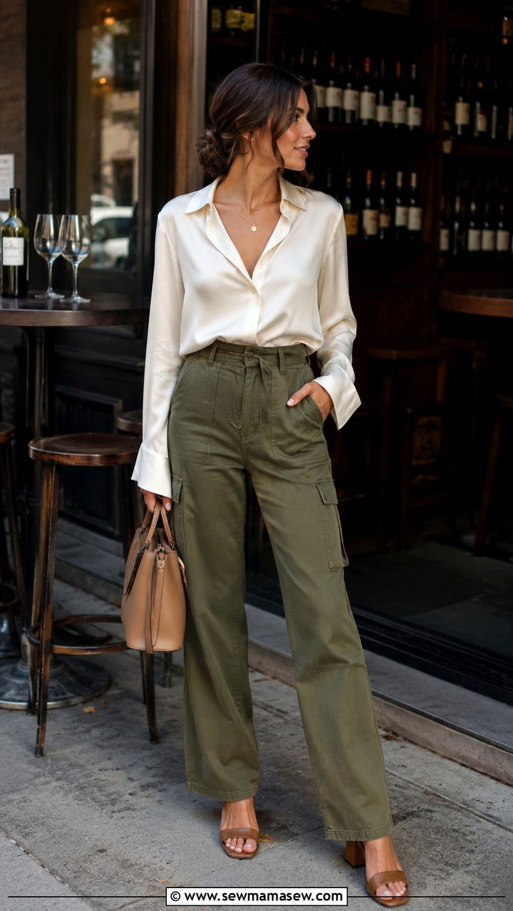 Cream Silk Blouse and Olive Green Trousers Outfit - 30 casual parisian outfits