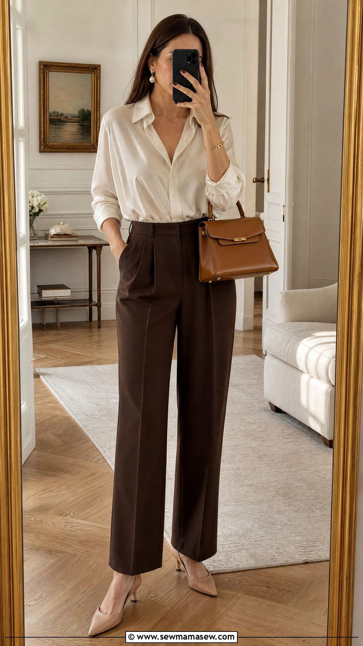 Cream Silk Blouse with Brown Pleated Trousers and Kitten Heels - 30 old money outfits inspo