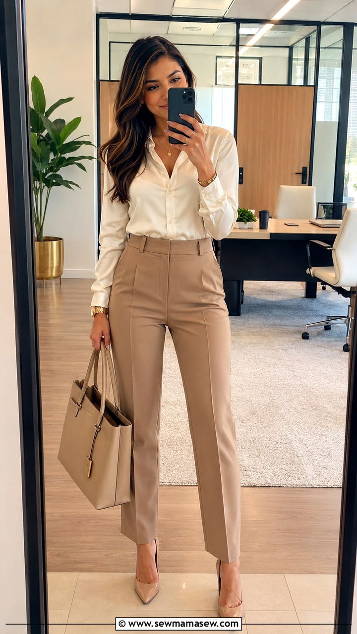 Cream Silk Blouse with Camel High Waist Trousers and Nude Pumps - 30 job interview outfits for women over 40