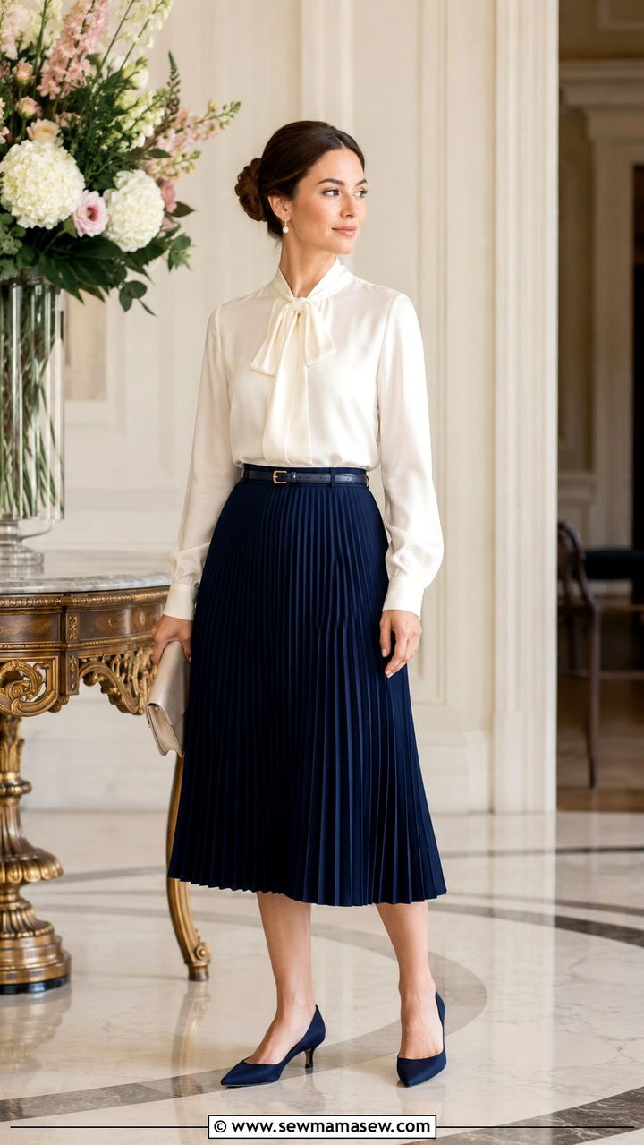 Cream Silk Blouse with Navy Pleated Midi Skirt for Petites - 30 Old money outfit ideas petite
