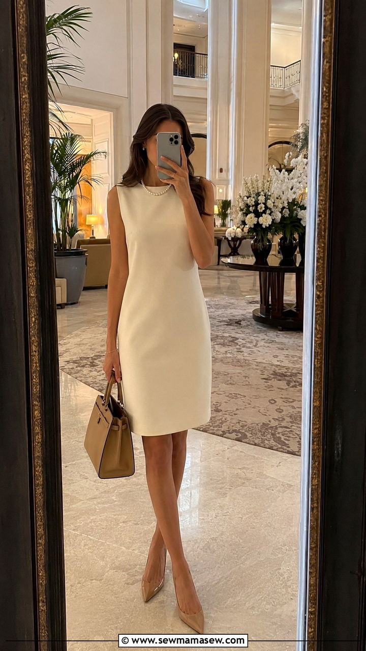 Cream Sleeveless Shift Dress and Nude Pumps - 30 Brunch outfit ideas old money style