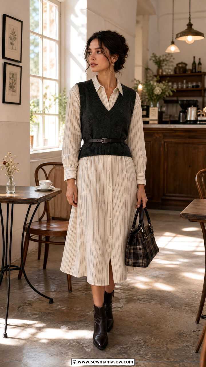 Cream Striped Dress With Sweater Vest Outfit - 30 Dark academia spring outfits
