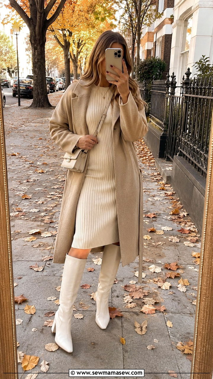 Cream Sweater Dress With Knee High Boots - 30 Monochromatic cream outfits