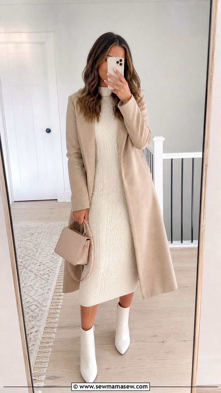 Cream Sweater Dress With White Boots - 40 sweater dress outfit ideas
