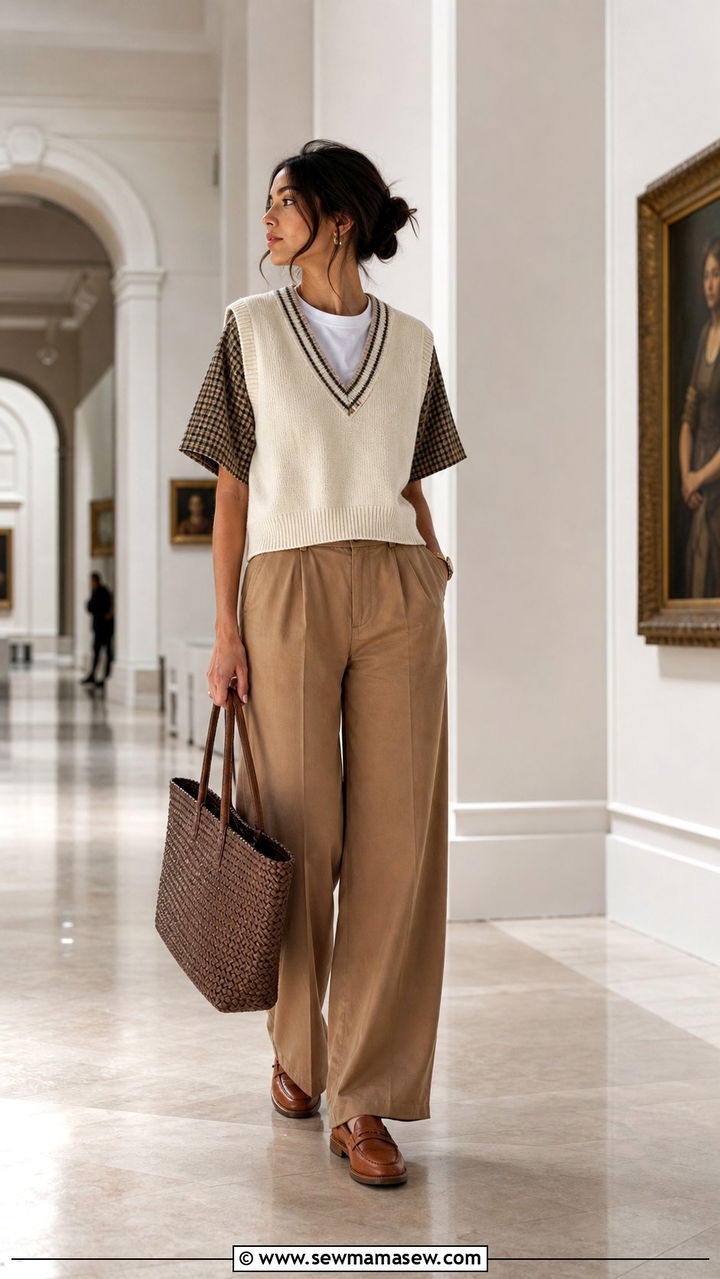 Cream Sweater Vest With Checkered Sleeves And Camel WideLeg Trousers - 25 dark academia capsule wardrobe outfits