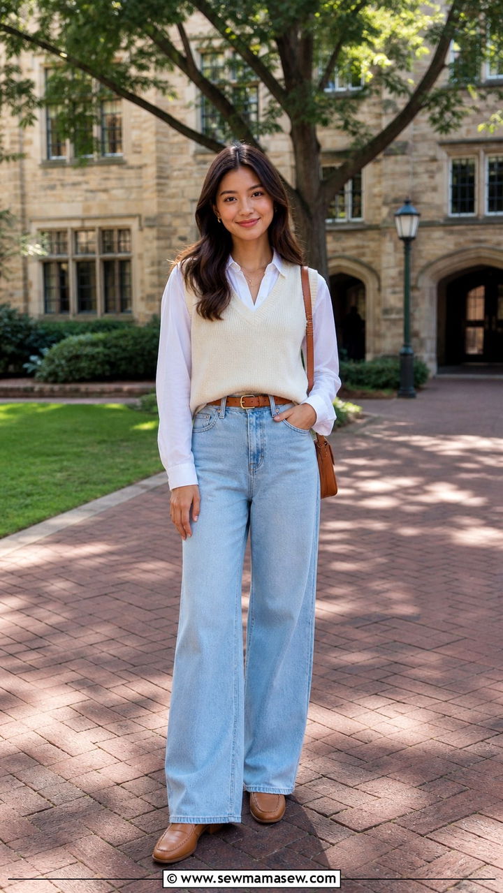 Cream Sweater Vest with Wide Leg Jeans - 40 Cream outfit ideas