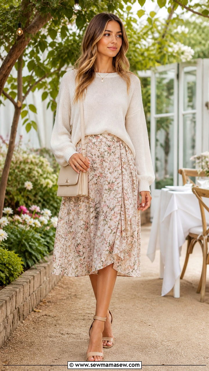 Cream Sweater with a Printed Midi Skirt - 40 Cream outfit ideas