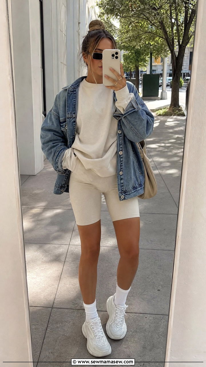 Cream Sweatshirt and Biker Shorts Lounge Set - 25 Cream loungewear set outfit ideas
