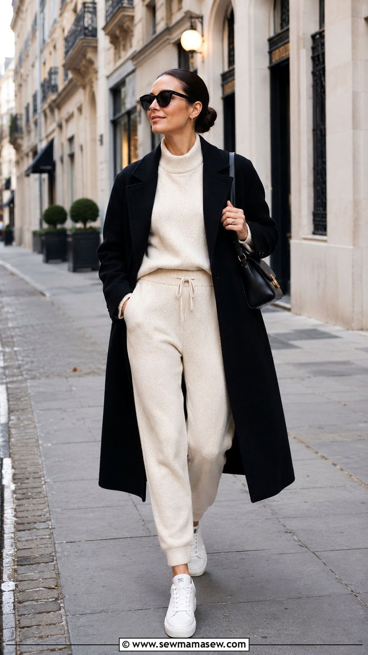 Cream Sweatsuit With Long Wool Coat - 30 Sweatsuit outfit ideas women