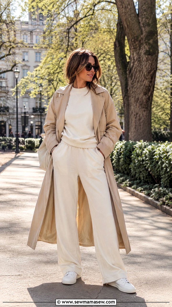 Cream Sweatsuit With Trench Coat - 25 Minimalist loungewear outfit ideas