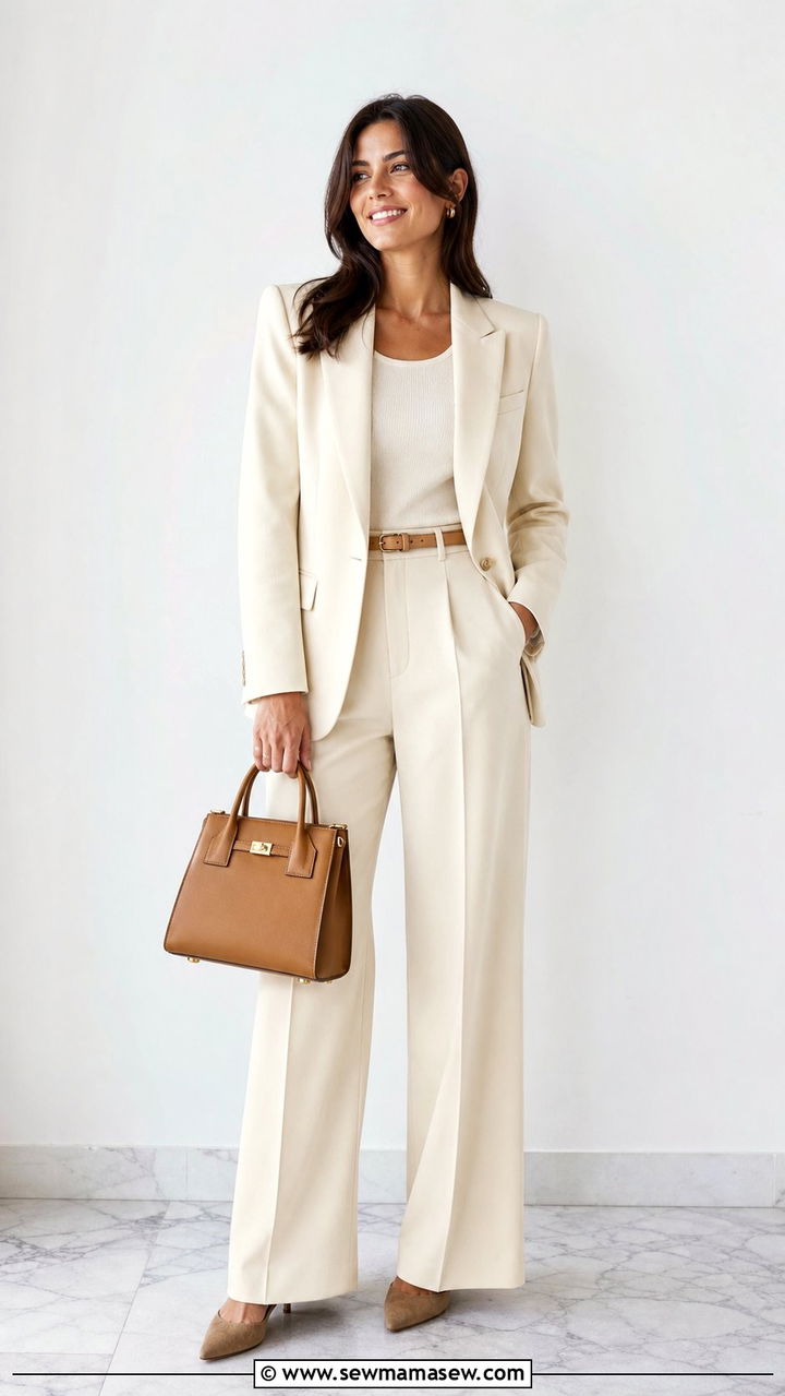 Cream Tailored Blazer and Wide Leg Trousers Work Outfit - 25 Stealth wealth outfit ideas for work
