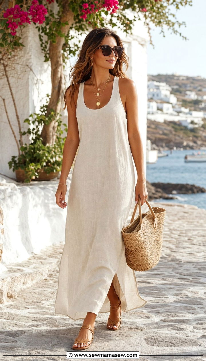 Cream Tank Dress With Woven Bag And Sandals - 25 classy tank dress outfits