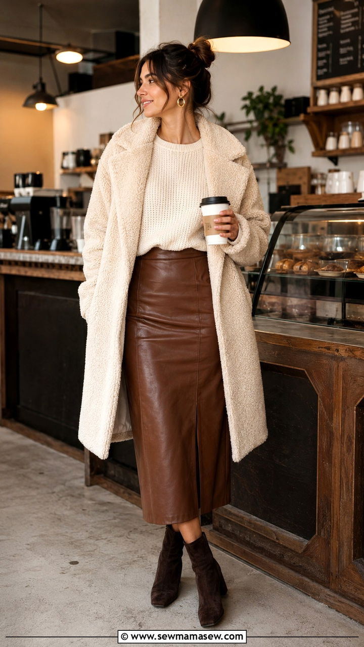 Cream Thermal Sweater with Brown Leather Midi Skirt - 30 Leather skirt outfit ideas with a sweater