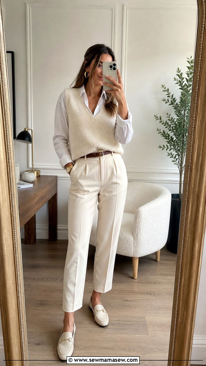 Cream Tonal Layering With Knit Vest And Trousers - 40 work outfits