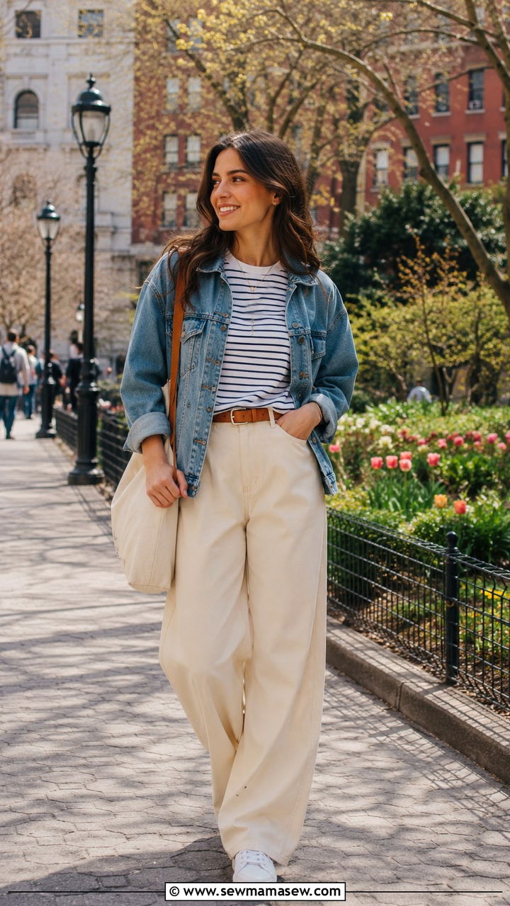 Cream Trousers With Denim Jacket - 30 trousers outfit ideas for women
