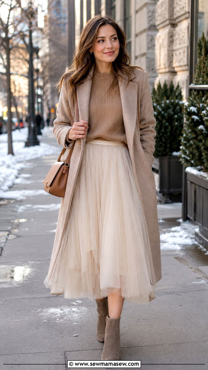 Cream Tulle Midi Skirt With Cashmere Sweater And Suede Ankle Boots - 25 Tulle skirt outfit ideas for work