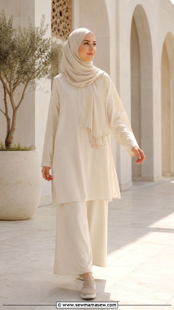 Cream Tunic With Palazzo Pants - 20 Modest outfit ideas for Hajj