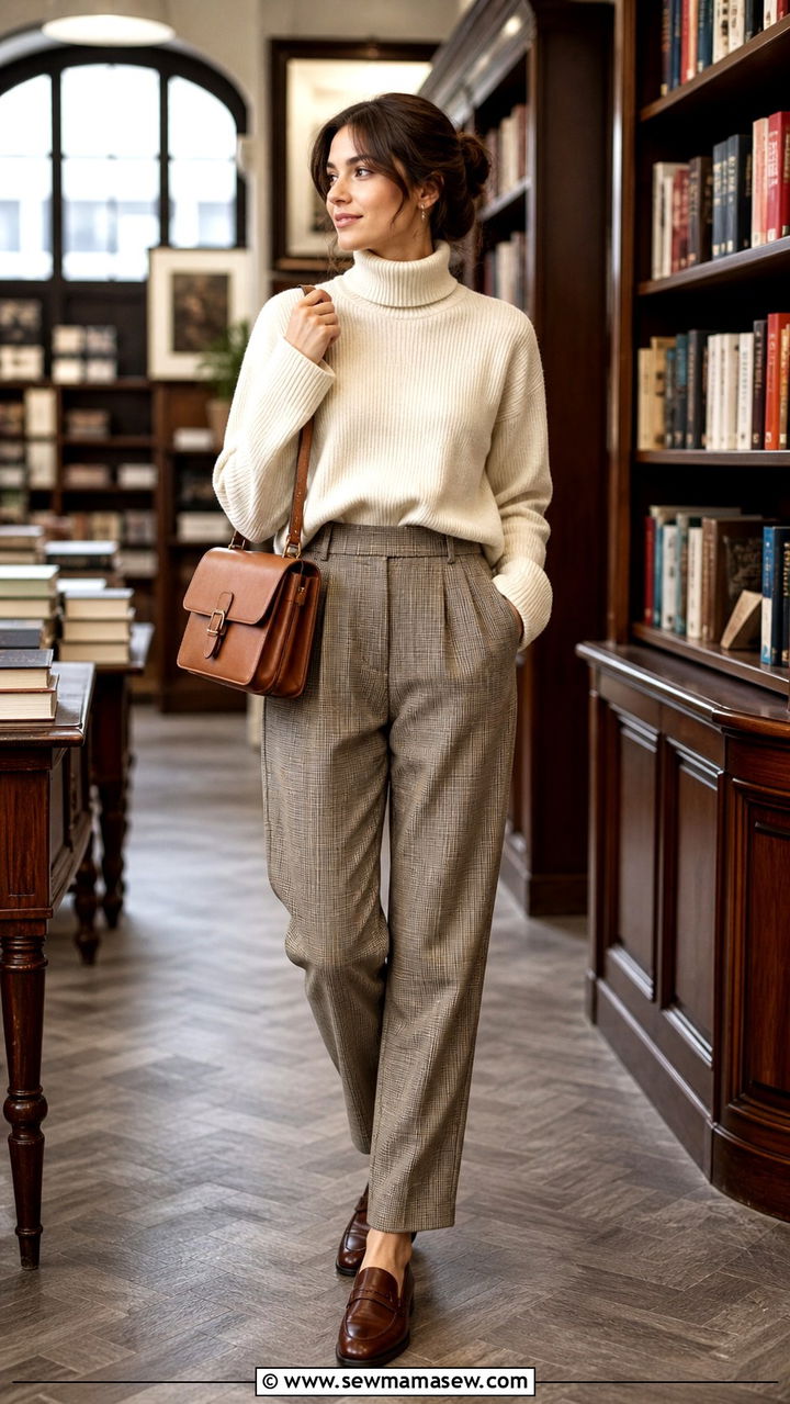 Cream Turtleneck And Plaid Trousers - 40 light academia outfits ideas