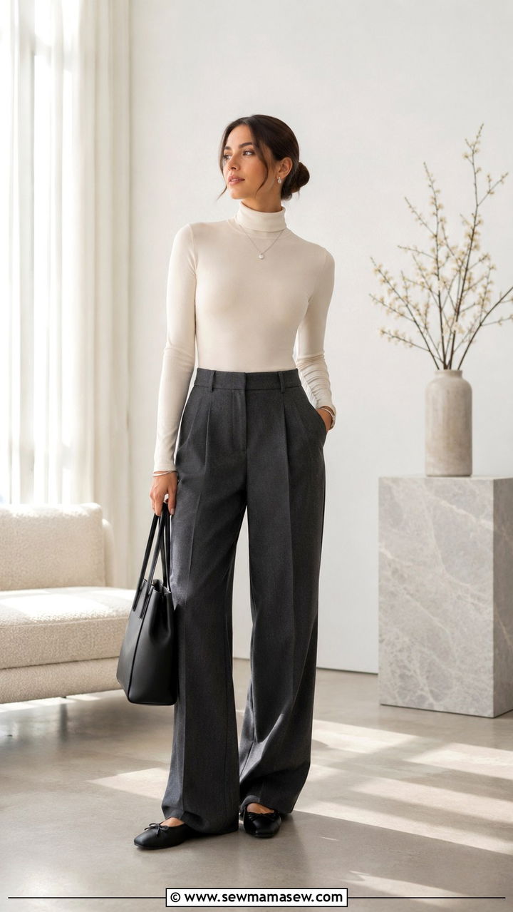 Cream Turtleneck Bodysuit With Charcoal Wide Leg Trousers - 30 casual clean girl outfits