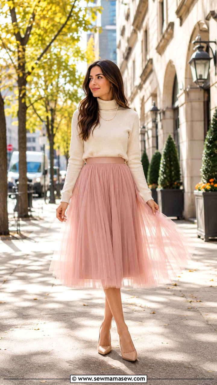 Cream Turtleneck Sweater With Pink Tulle Midi Skirt - 20 Tulle skirt outfit ideas with a sweater