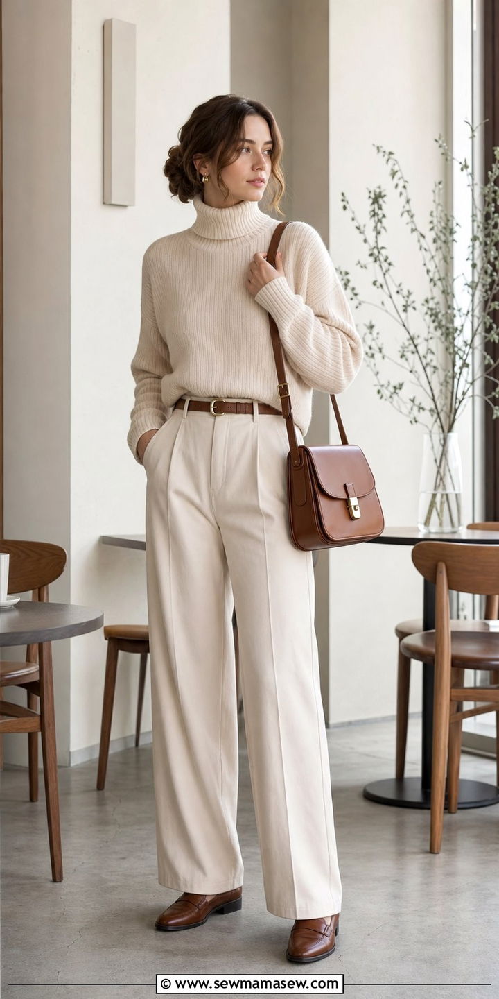 Cream Turtleneck Sweater with High Waisted Cream Trousers and Leather Satchel - 25 classy light academia outfits