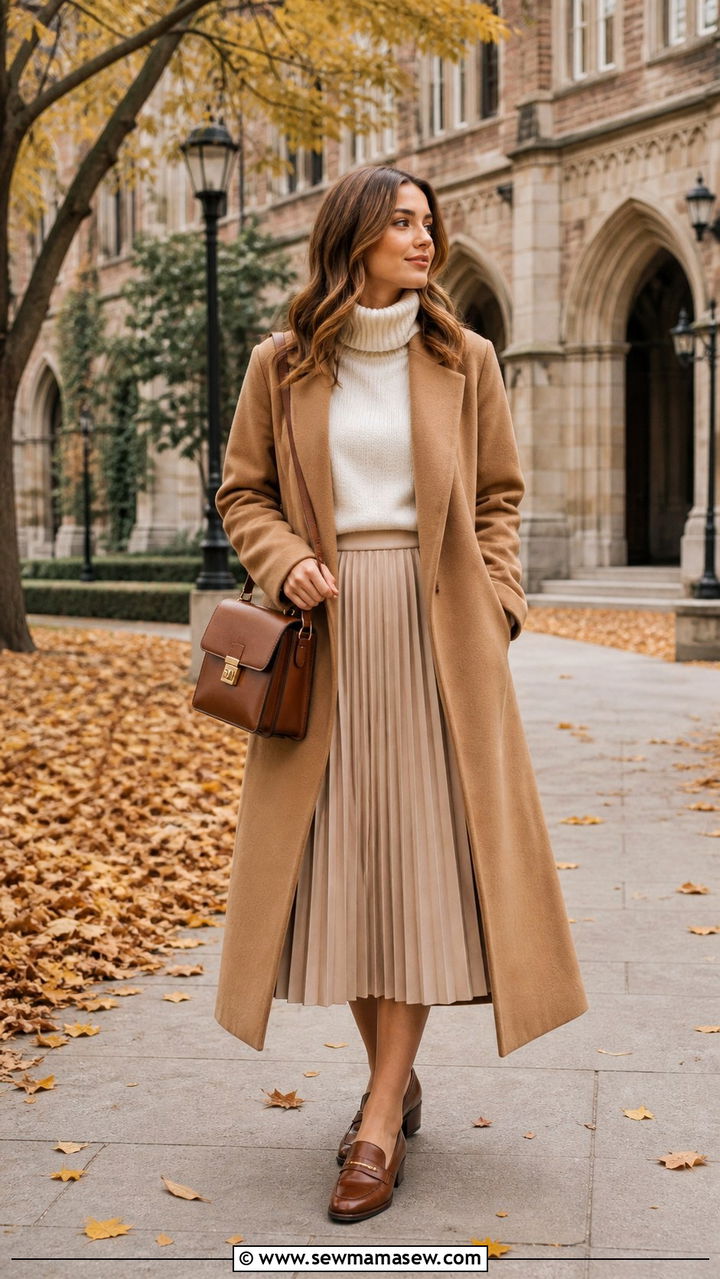 Cream Turtleneck With Camel Coat And Pleated Midi Skirt - 40 light academia outfits for women
