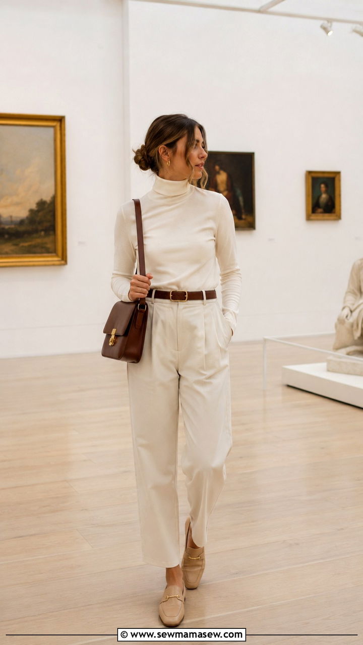 Cream Turtleneck With High Waisted Cream Trousers And Satchel - 30 light academia outfits inspo