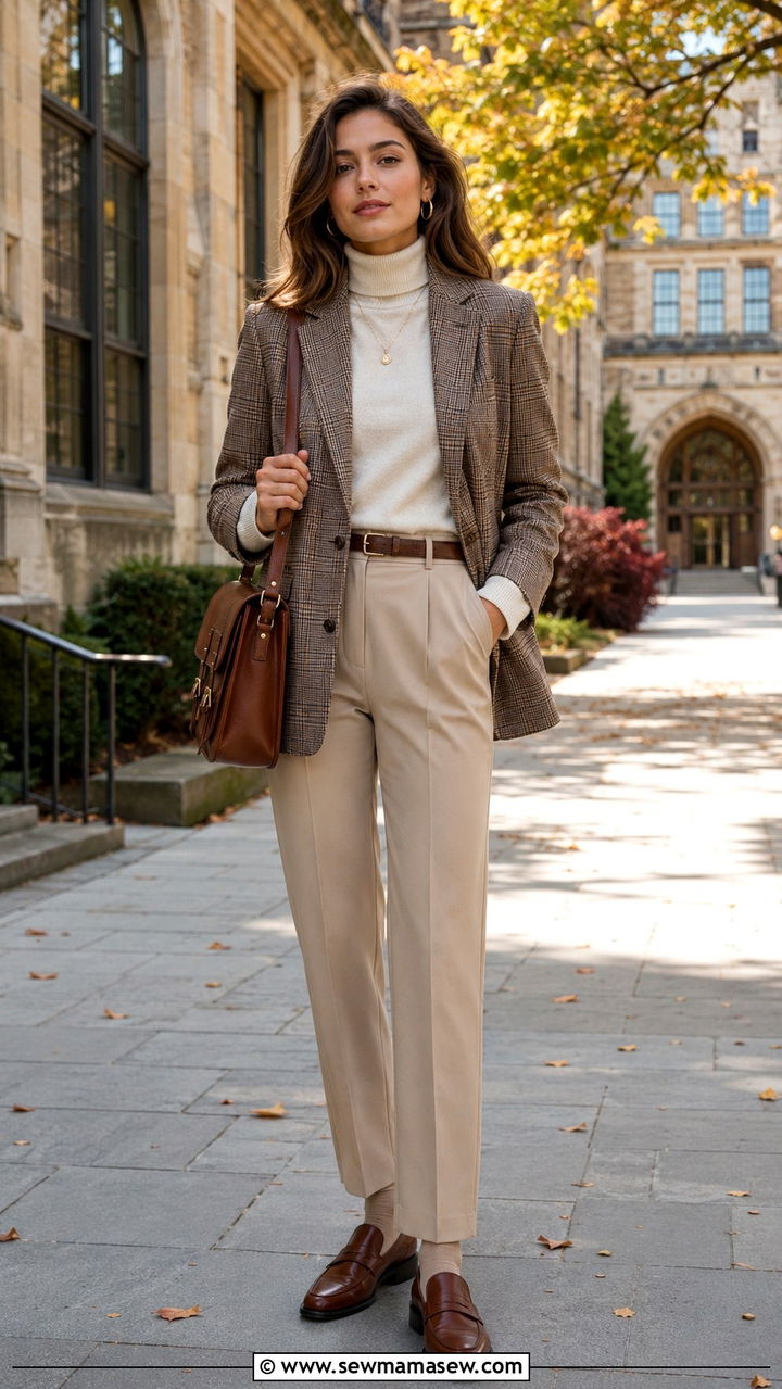 Cream Turtleneck With Plaid Blazer And Beige Trousers - 30 light academia outfits inspo